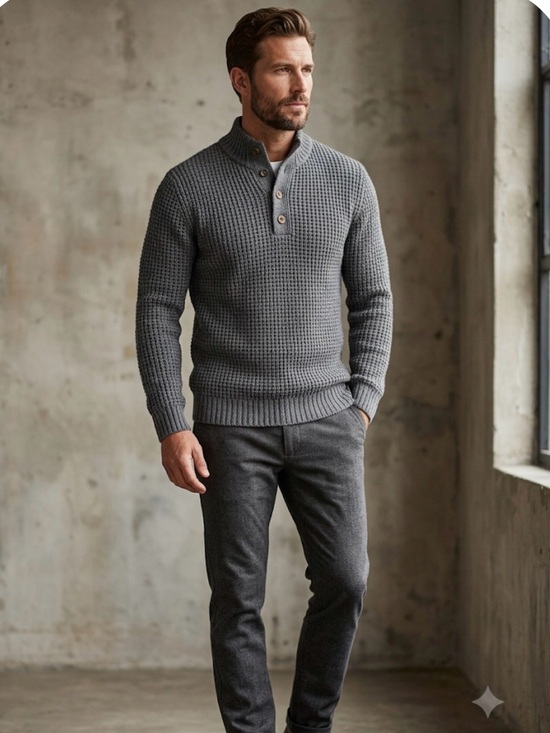 Other - Men's Wool & Cashmere Blend Waffle Knit Henley Sweater - Large